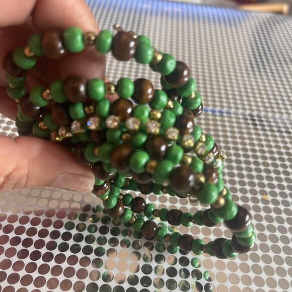 Vintage Memory Wire Bangle Bracelet Wrap Wooden Beaded Rhinestones B#14 - Picture 5 of 9